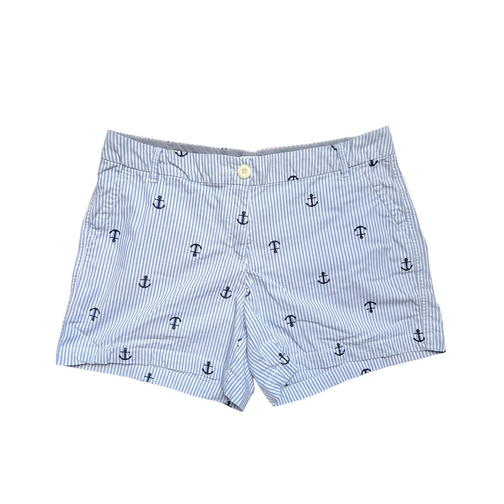 Crown & Ivy Caroline Blue White Seersucker Anchor Embroidered Shorts Womens 10